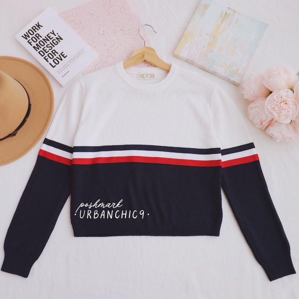 Crewneck Varsity Striped Sweater White Navy Red M